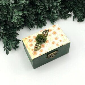 Decorative Small Green Wooden Trinket Box With Floral Design & Green Paper rose